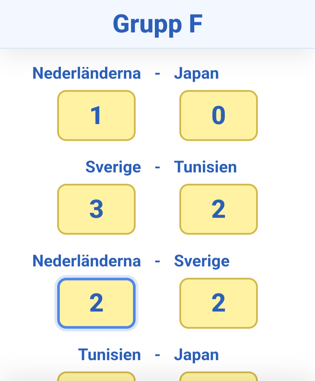 Skärmdump av matchtips i Kompistipset